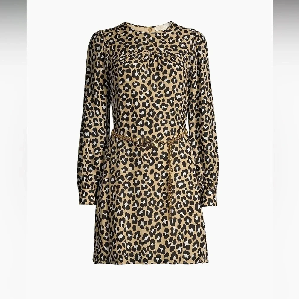 MICHAEL KORS LEOPARD PRINT MINIDRESS WITH MK BELT